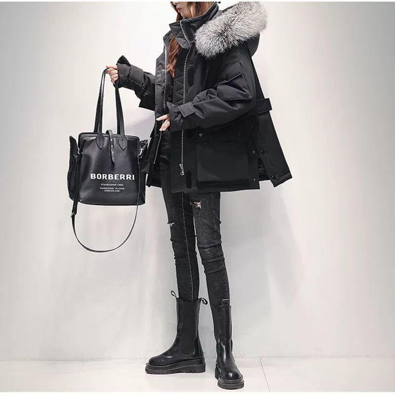 Long velvet down jacket, duck down, 2024, removable silver‑fox fur option