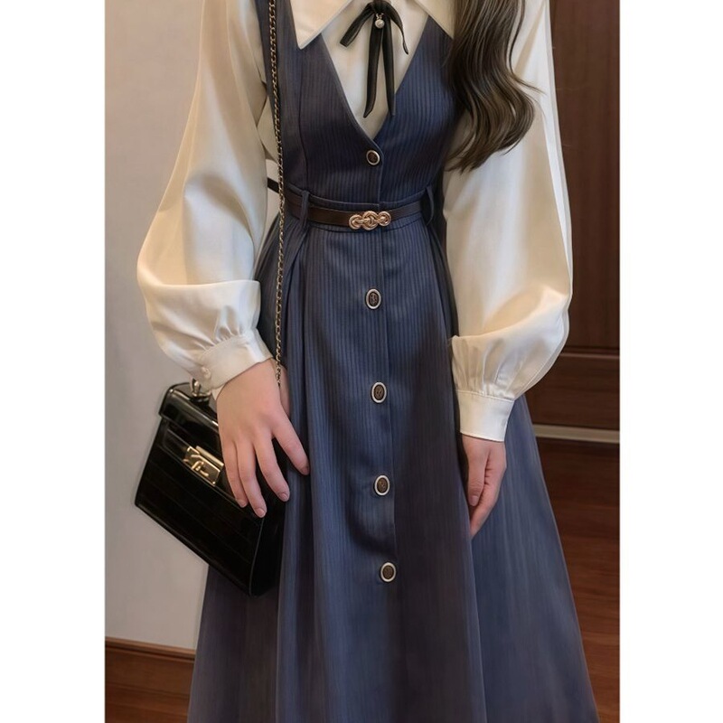 韩系学院风背心连衣裙子女早初秋新款小个子气质衬衫穿搭套装长裙|undefined