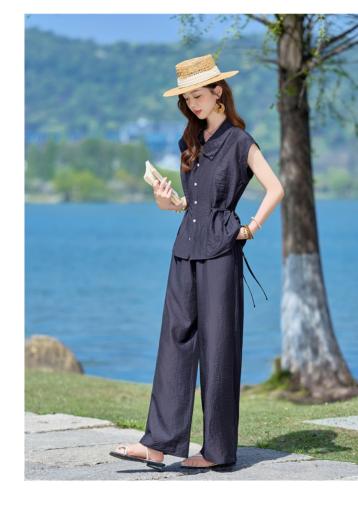 Bộ hai mảnh sơ mi phối quần ống rộng phong cách Pháp cổ điển, thiết kế thanh lịch, tôn dáng — Xanh lông mòng đen, màu xám chi tiết 14