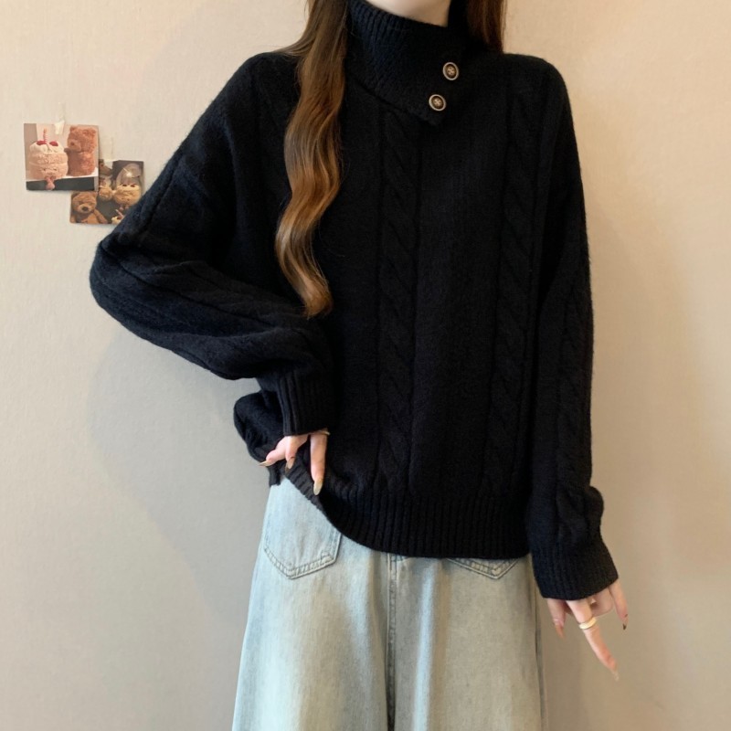 レイジースタイルグレーツイストタートルネックプルオーバーボトミングセーター女性のための秋と冬の厚みのあるデザインインナーボトミングシャツ|undefined