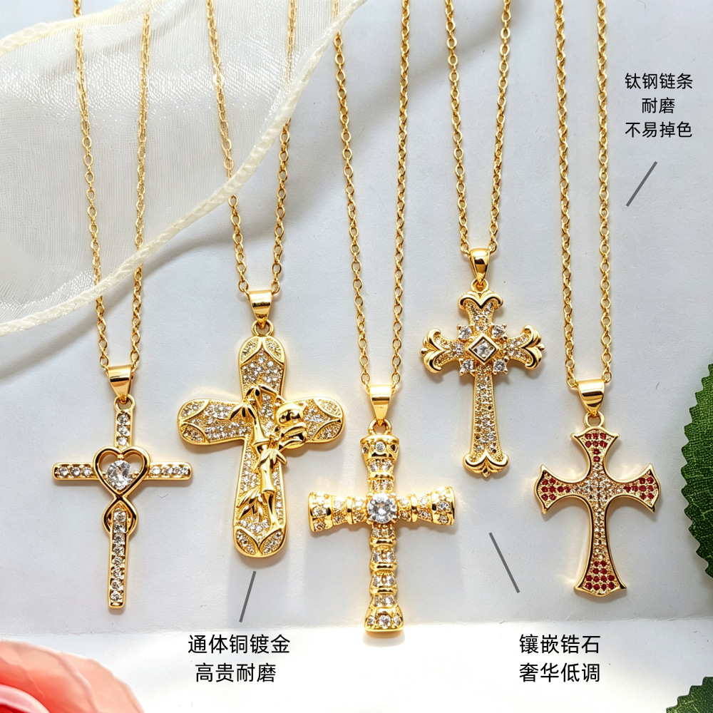 Cross-Border Hot-Selling Copper Gold-Plated Personalized Zircon Pendant High-End Unisex Cross Necklace Light Luxury Chrome Necklace Jewelry