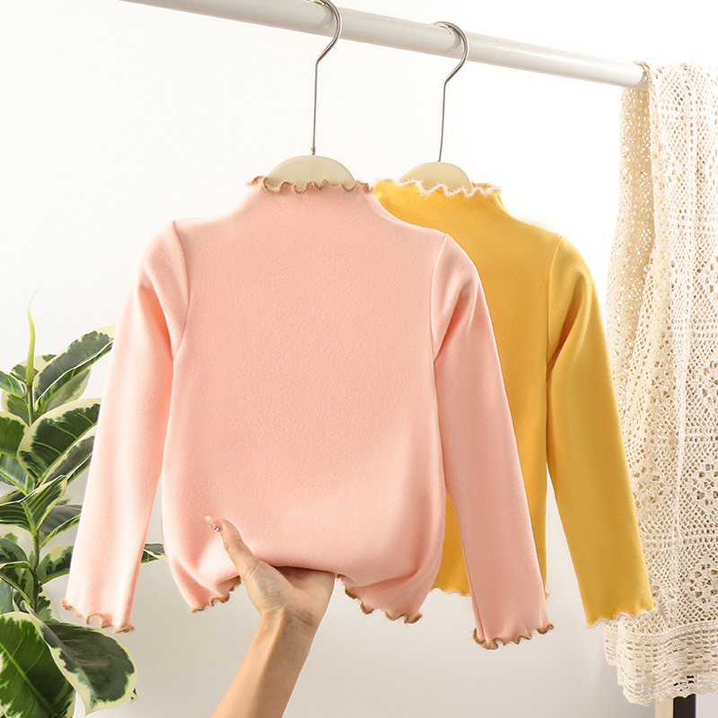 Terciopelo color a juego oreja de madera Otoño e Invierno estilo occidental de los niños de manga larga Camiseta bebé niñas todo partido medio y grande camisa de fondo de los niños