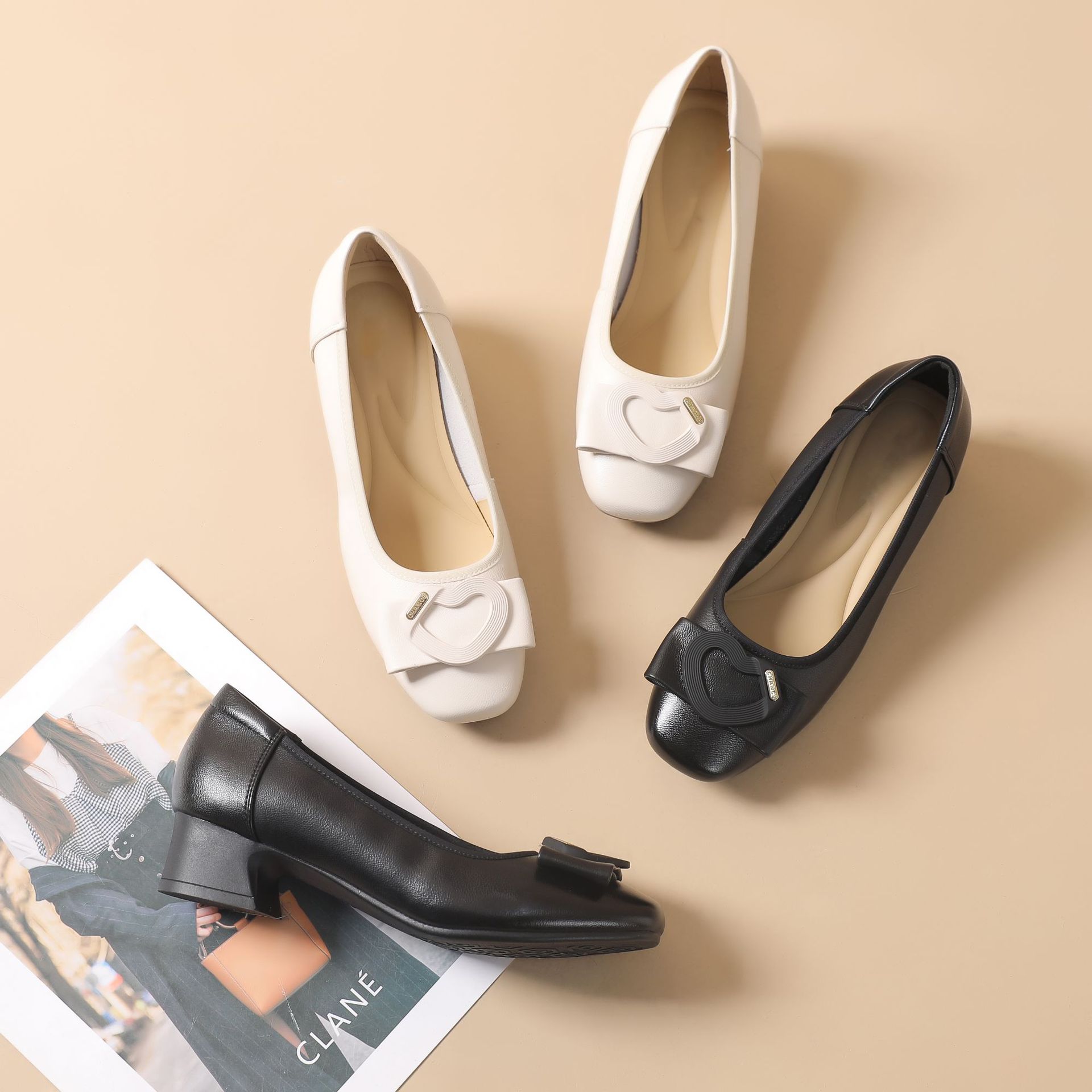 Genuine Leather Chunky Heel Women's Shoes 2026 New Style Cowhide Decorative Buckle Women's Shoes Fashionable Low-Top Shallow Mouth Mom-Style Square Heel Shoes