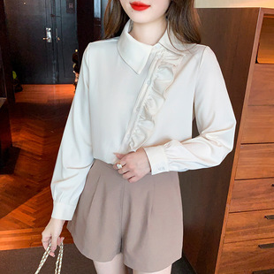 in stock Real Shot Autumn Fashion Women's Oblique Collar Shirt Design Sense Niche Ruffled Chiffon Shirt Long Sleeve Top