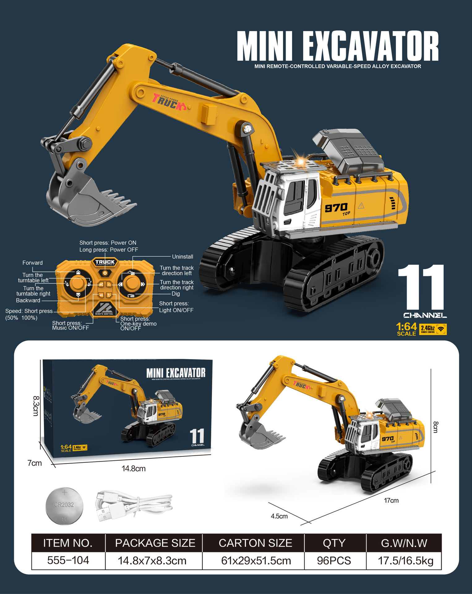 Explosiones transfronterizas de aleación a escala completa mini excavadora volcadora 1: 64 vehículo de ingeniería de control remoto para niños mini carretilla elevadora