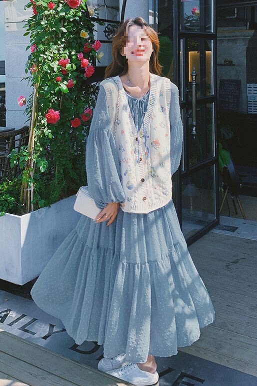 Blue Fresh Dress for Women Spring and Autumn New Korean Style Slimming Atmosphere Vest Skirt Suit