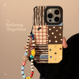 Retro Ins Polar Dot Splicing for iphone16 Apple Phone Case 15Pro Max Leather 14 Hanging Chain 13 Soft
