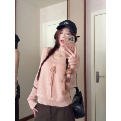秋冬甜辣妹设计感拼接温柔蝴蝶结系带针织衫上衣毛衣女