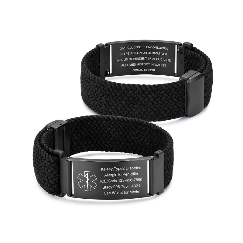Medical information engraving bracelet, black nylon rope woven magnetic clasp bracelet, stainless steel curved tag woven bracelet Medical information engraving bracelet, black nylon rope woven magnetic clasp bracelet, stainless steel curved tag woven bracelet