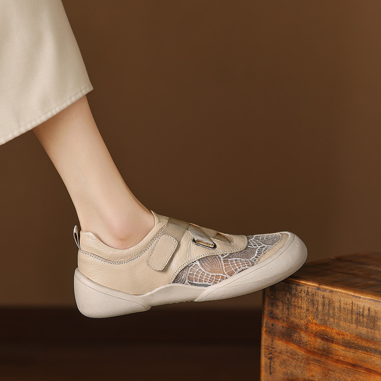Giày sneaker nữ phối màu da thật lỗ thoáng khí đế bệt buộc dây kết hợp miếng dán — màu trắng ngà chi tiết 20