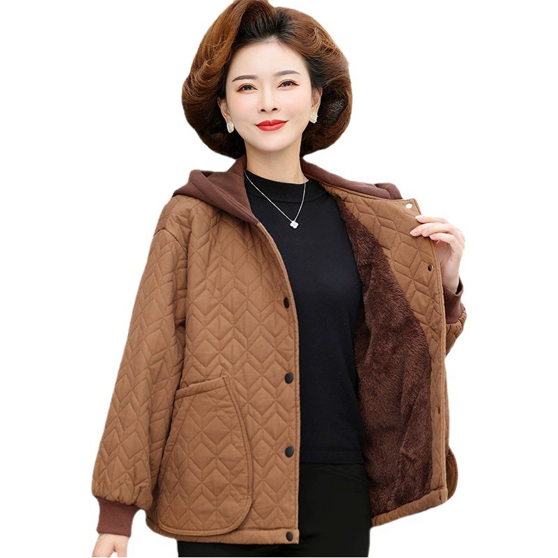 Осенне-зимнее флисовое пальто для мам, маленькое хлопковое пальто в западном стиле, модное короткое зимнее пальто с капюшоном для женщин среднего и пожилого возраста, утепленное хлопковое пальто