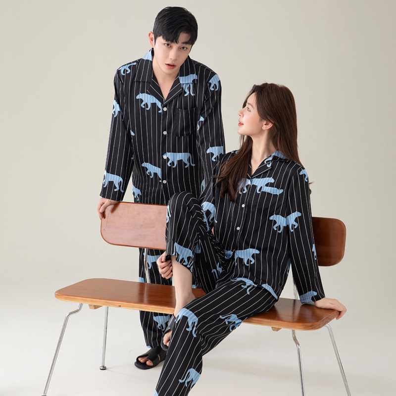 Spring and Autum Korean Style Youth Black Panther Men's and Women's Ice Silk Thin Long-Sleeved Pants Pajamas Set Women's Silk Home Clothes