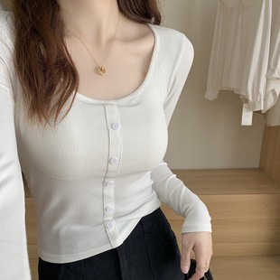 1034# Thermal Underwear Women with Chest Pad Integrated Winter Inner Button Top Brushed Thickened Crewneck Base Shirt