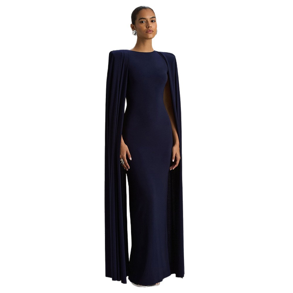Elegant Women's Party Dress With Pleated Cape - Round Neck Solid Color Maxi Dress For Banquet & Evening Occasions_ecoleips.com