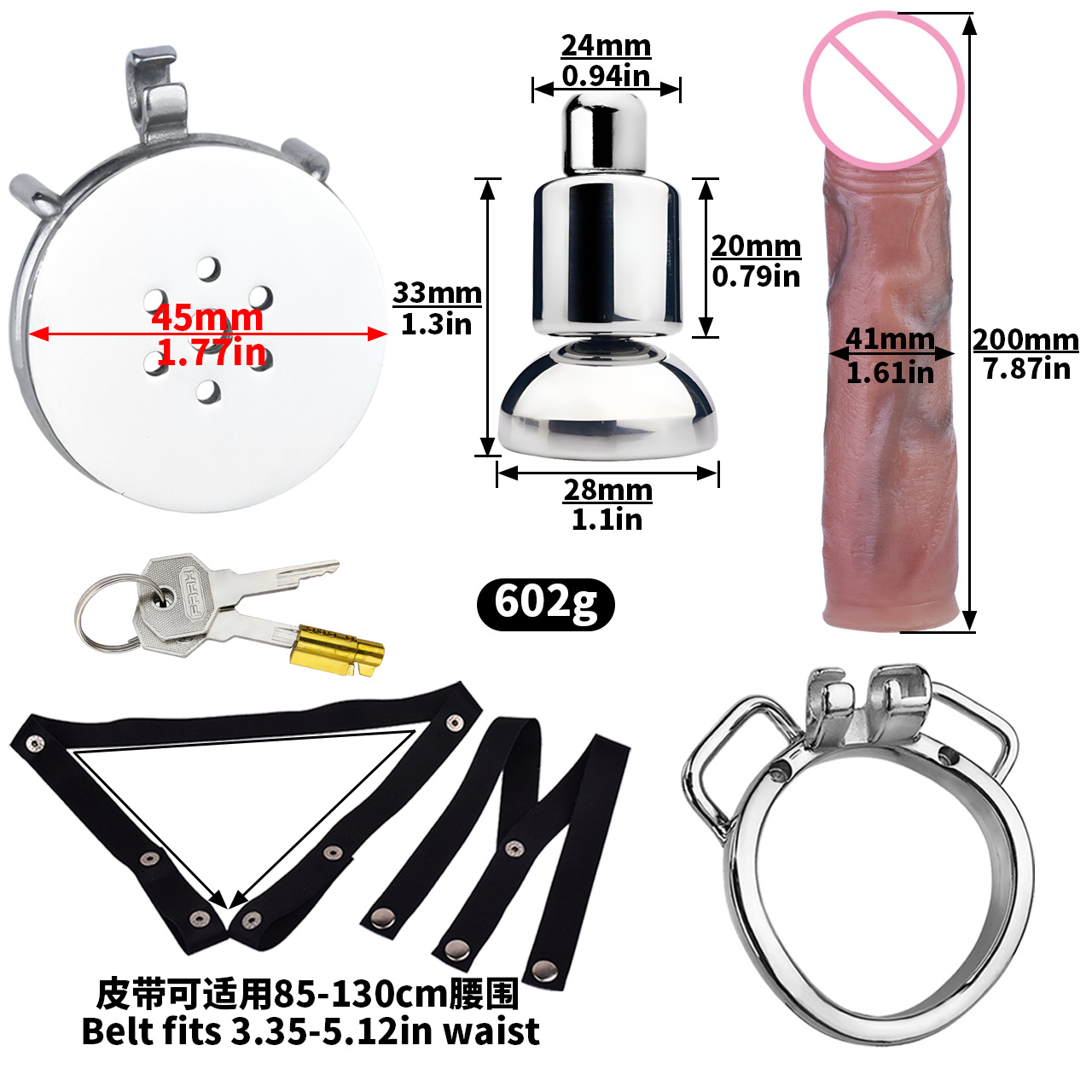 [3176a] k-04a 40mm arc ring + urine support base + l size penis + pu-5 black elastic belt
