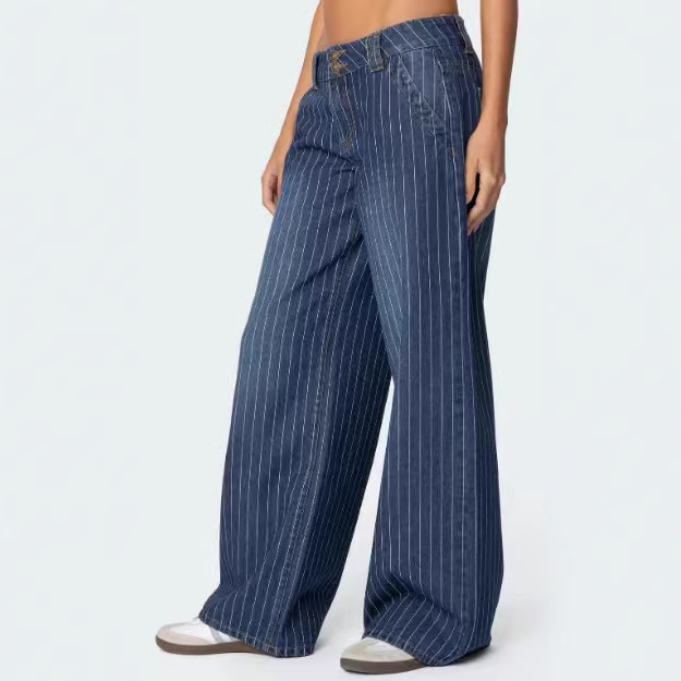 2025秋季新款亚马逊跨境外贸大码阔腿宽松牛仔长裤坚纹女士拖地裤