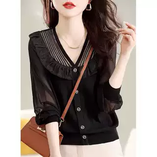 小香风针织开衫女春季新款洋气拼接雪纺衫气质甜美荷叶边长袖上衣