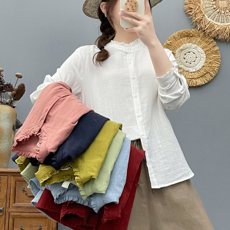 Wholesale Elegant Lace Stand Collar Solid Color Double-Layer Cotton Gauze Long-Sleeve Shirt for Women 2026 Spring Casual Solid Color Shirt Wholesale Elegant Lace Stand Collar Solid Color Double-Layer Cotton Gauze Long-Sleeve Shirt for Women 2026 Spring Casual Solid Color Shirt