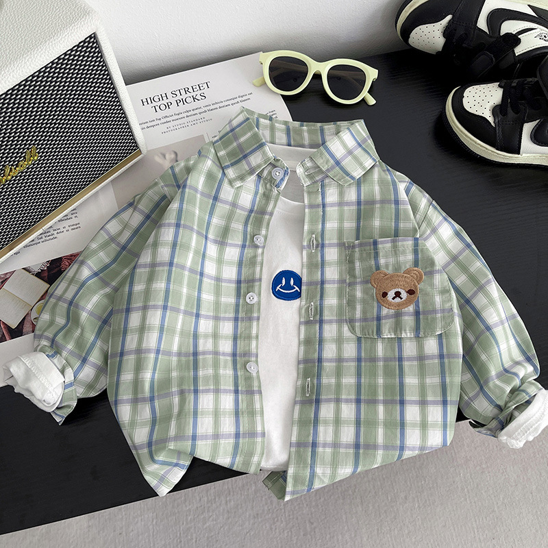 Camisas a cuadros de mangas largas para niños delgadas camisas de dibujos animados frescas bebés primavera y otoño con solapa ropa infantil coreana abrigo