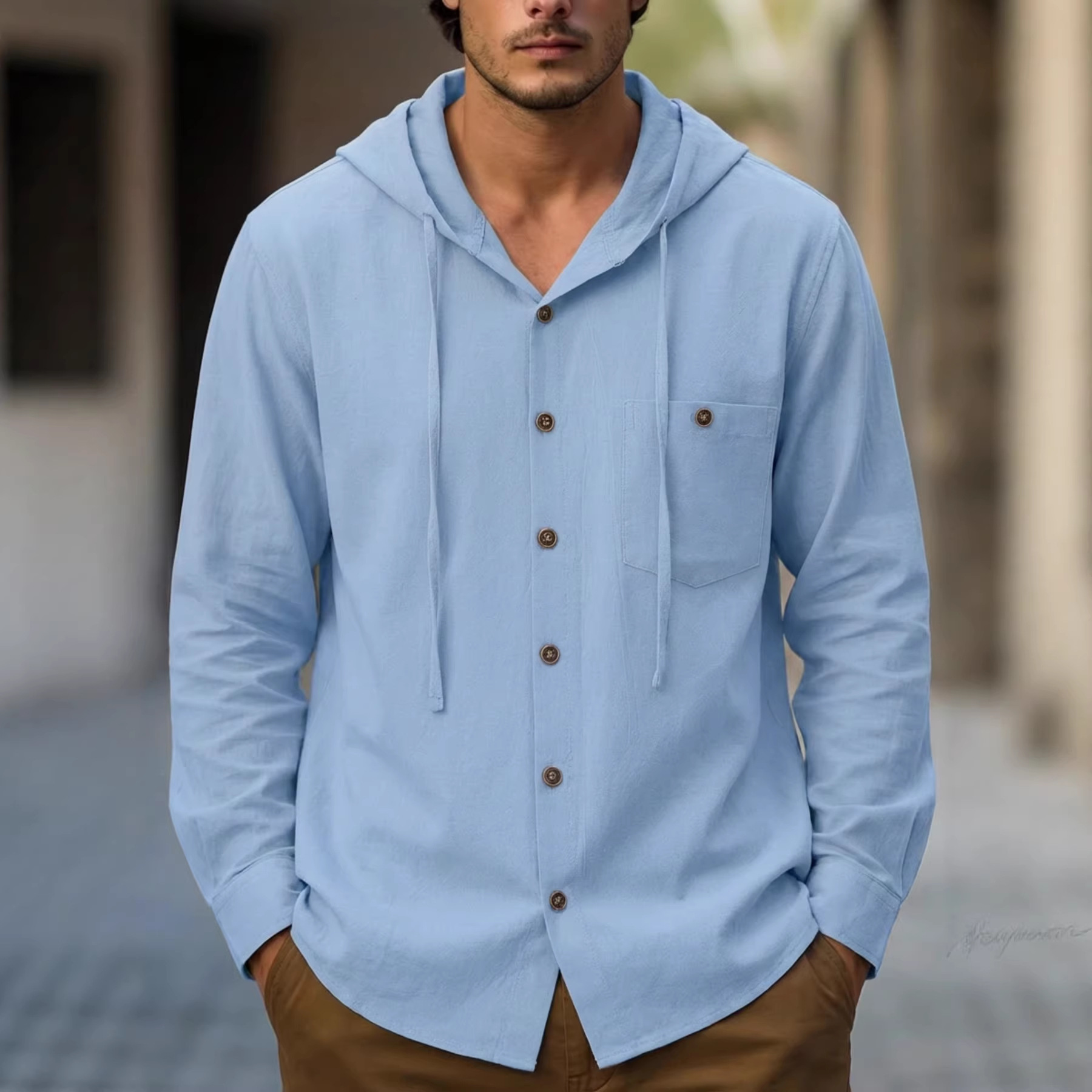 Monochrome Man- Monochrome Man- Cross-Border Amazo Cotto-Lie Pocket-Decorated Log-Sleeve Shirt, Sprig Ad Autum Me's Beach Casual Hooded_voghion.com