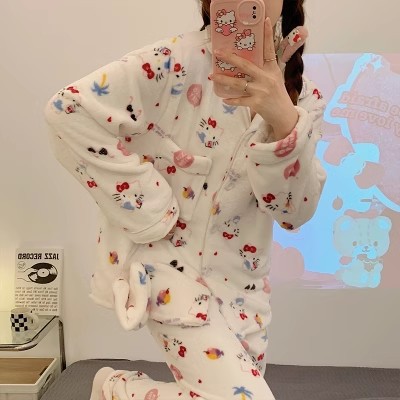 Pequeño conejito pijama de lana de coral para mujer traje de cárdigan de felpa de invierno estilo coreano dulce franela de dibujos animados ropa de hogar otoño