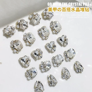 网红爆款水晶堆钻美甲饰品超闪歪心长方直角手工镶珍珠成品指甲钻