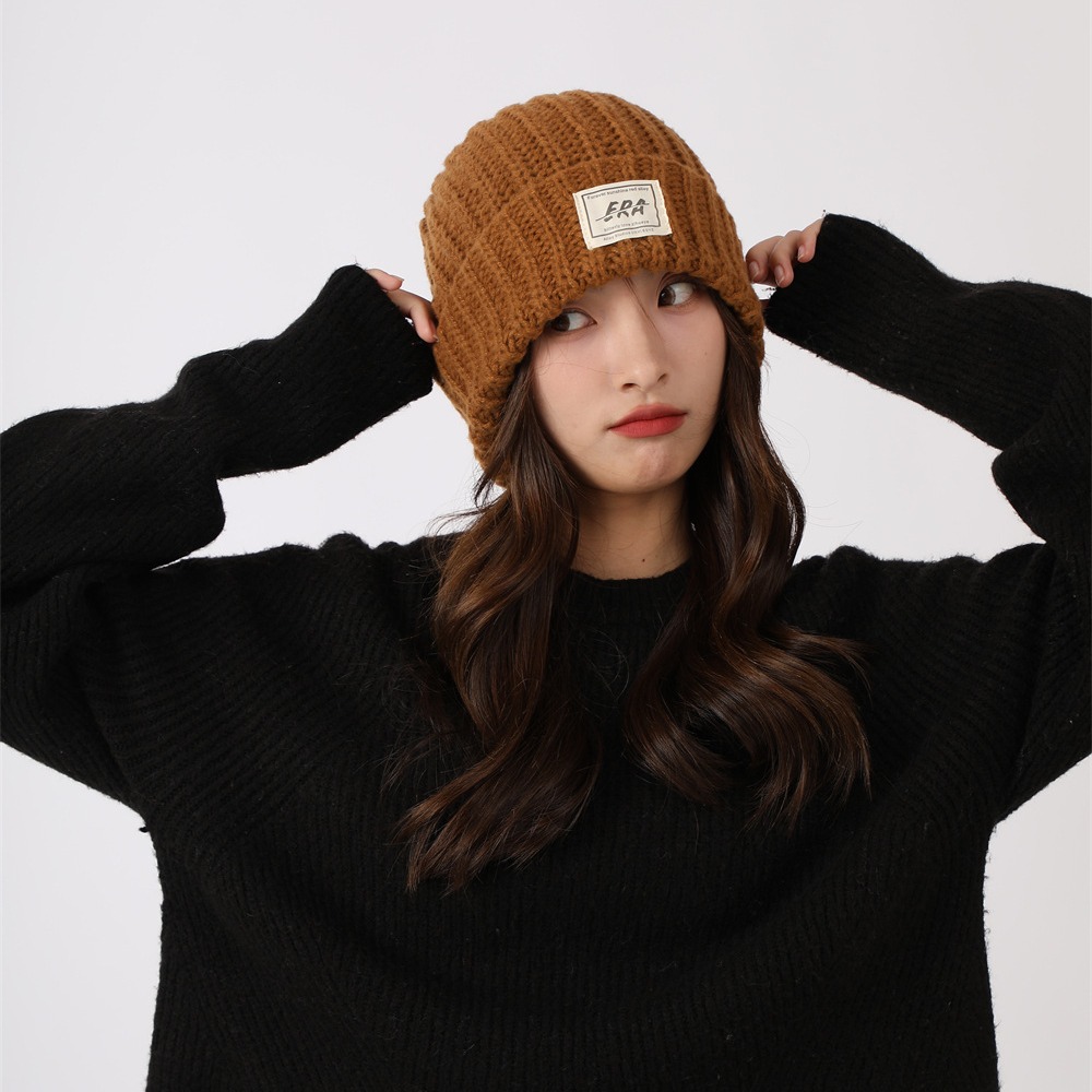 Couples pile up hats with yarn, versatile men women in autumn and winter, Korean knitted for warmth, big head loose hat_voghion.com