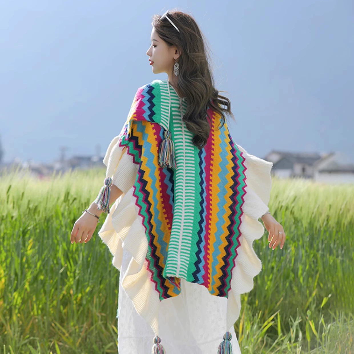 Этническое плащ-пальто, шерстяной knitted плащ, подвеска ручной работы с кисточками для путешествий
