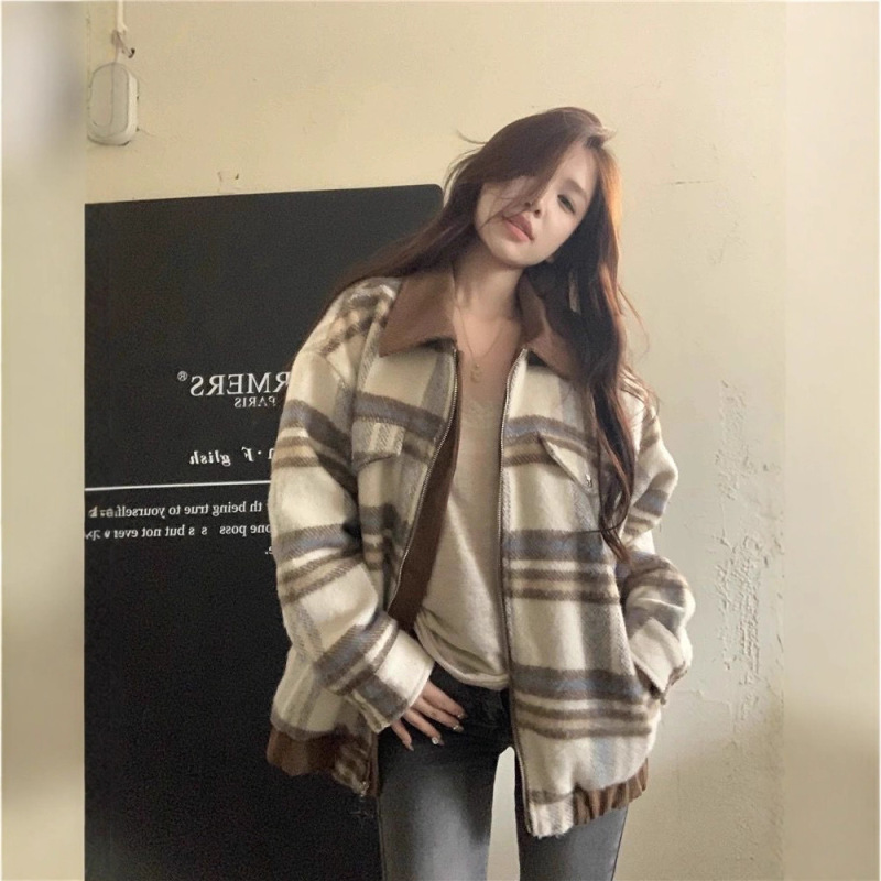 小香风复古格子西装毛呢外套女款春秋款夹克灯芯绒拼接宽松BF上衣|undefined