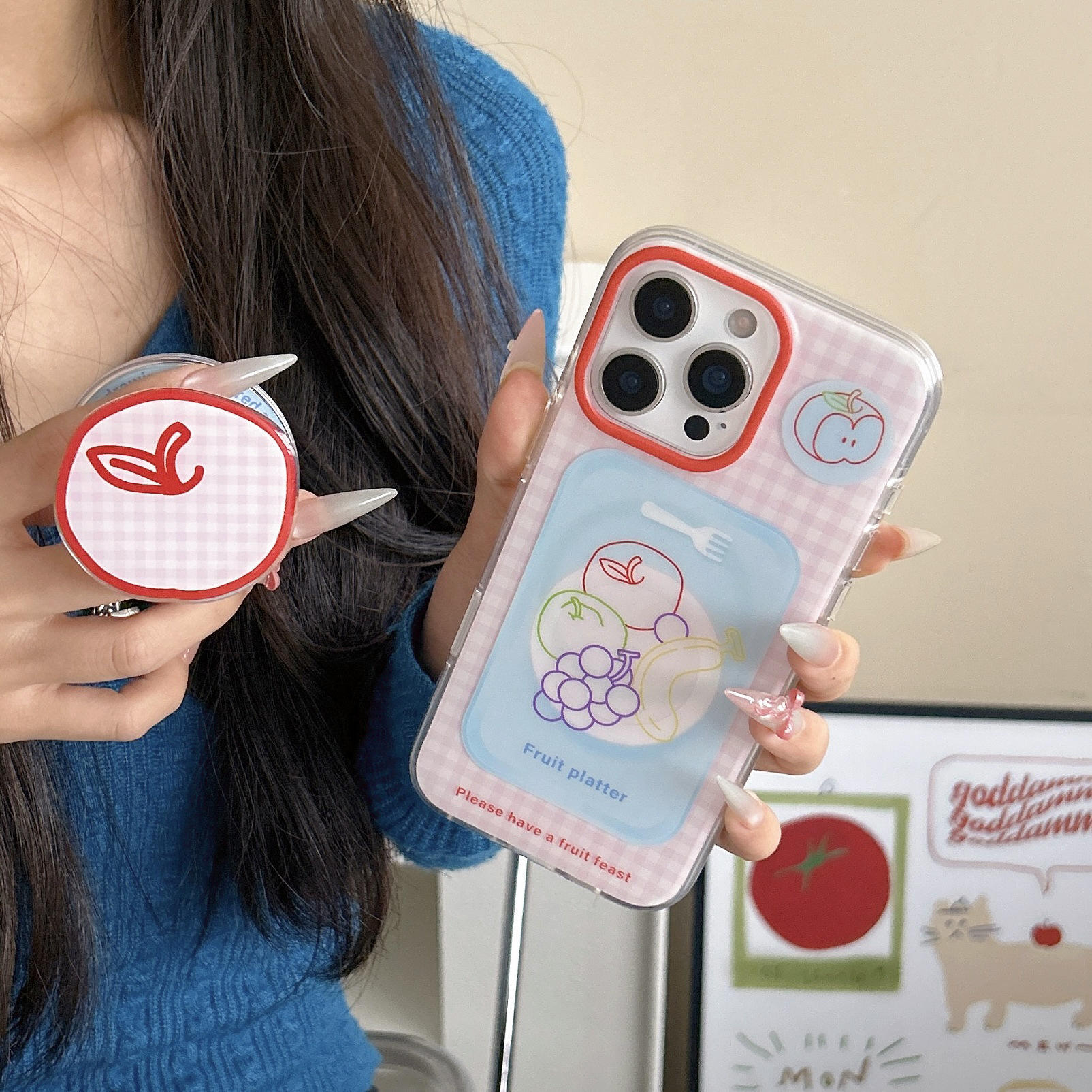 Soporte magnético de fruta a cuadros coreano para Apple 15Pro/16Pro funda para teléfono móvil 14 femenino 13 nuevo 16PM