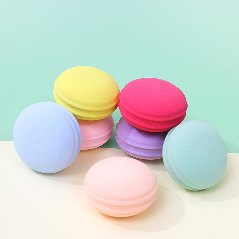Polvo de macarrón transfronterizo, esponja de maquillaje redonda personalizada, esponja de maquillaje, huevo de maquillaje super suave, no comer polvo, seco y húmedo, doble uso