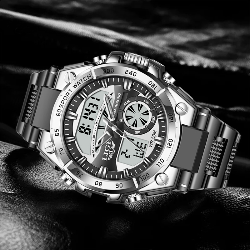 LIGE transfronterizo electrónico doble pantalla reloj estudiante cronógrafo reloj despertador multifunción deportes impermeable reloj 8971