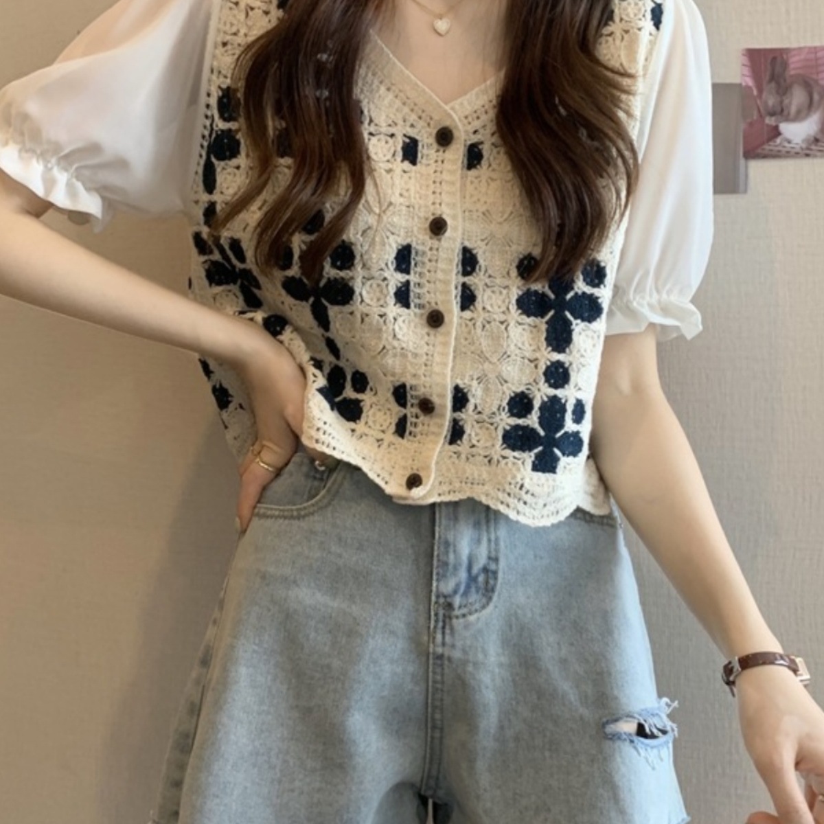 여름 여성용 쉬폰 버블 반팔 스플 라이스 자수 레이스 셔츠 v 넥 프렌치 레트로 디자인 쇼트 탑
