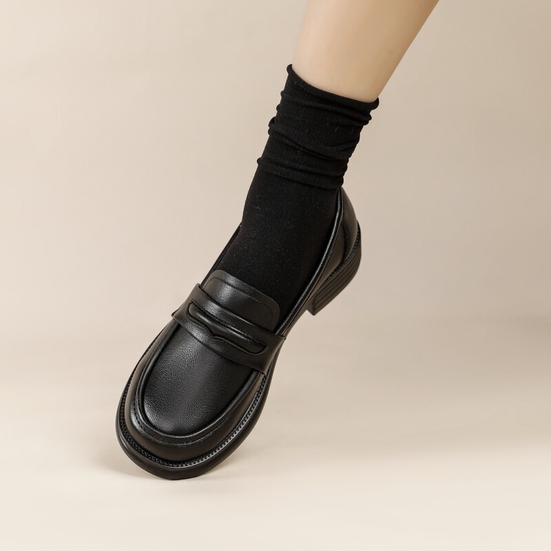 Round-Toe Thick-Soled Women's Black College-Style Leather Shoes Versatile British Loafers Jk Shoes Casual Low-Top Shoes