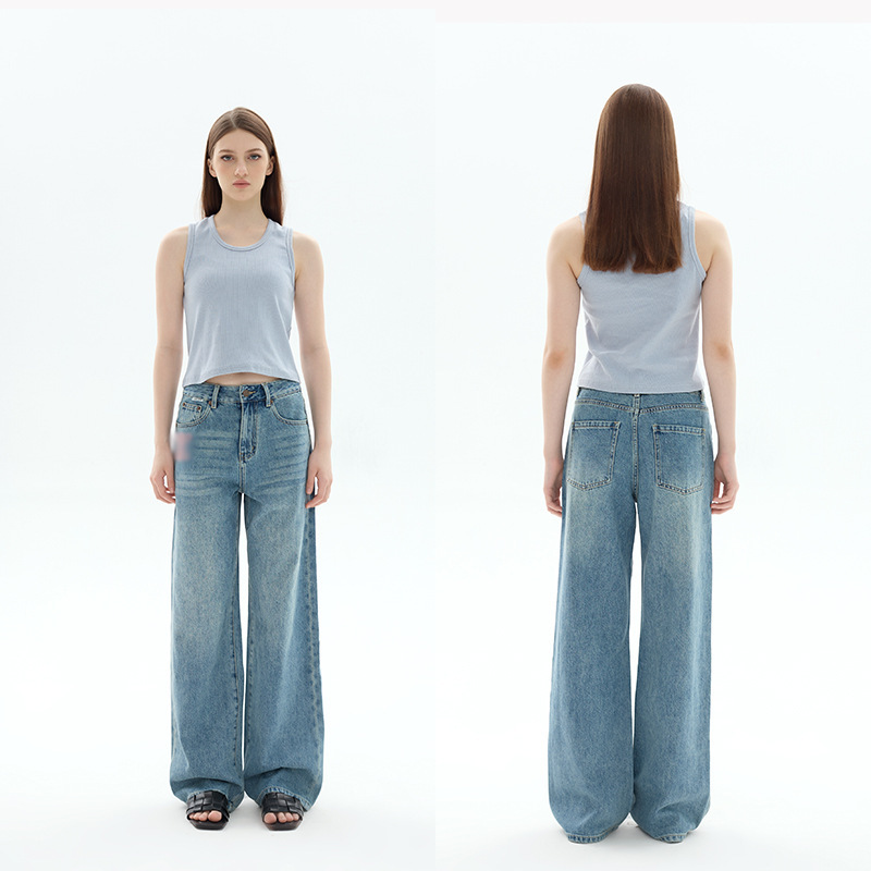 Special Offer→Celin High-Waisted Loose Straight-Leg Floor-Length Pants, Hip-Lifting and Figure-Flattering Embroidered Logo Denim Trousers for Women