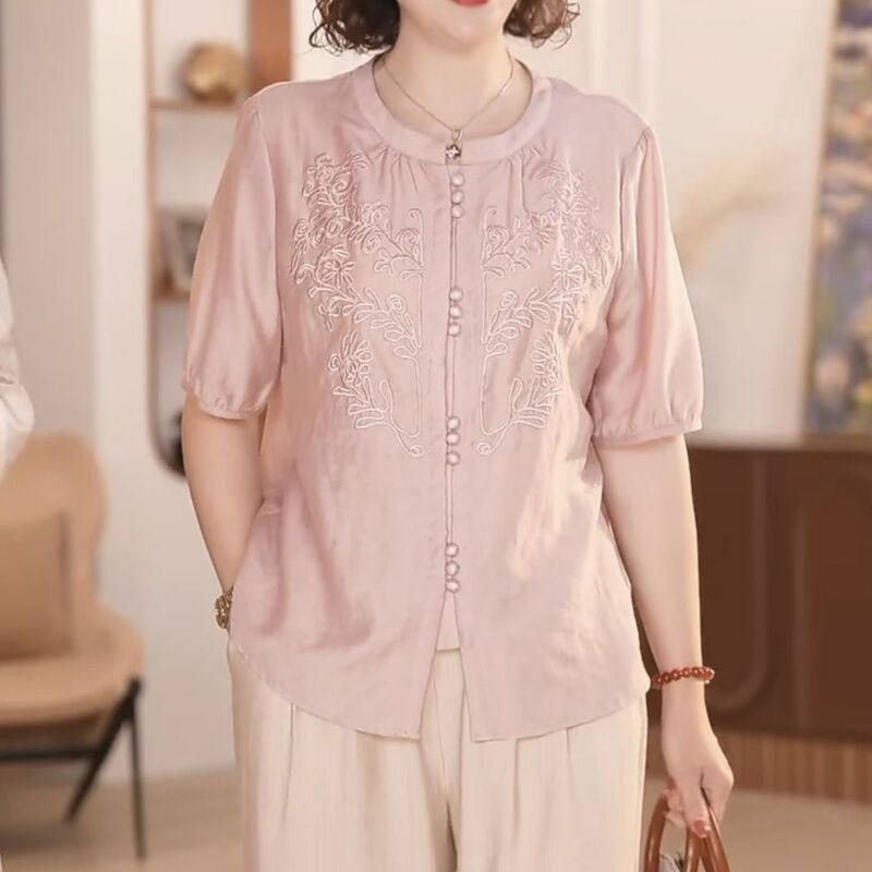 Elegant Top Fashionable Middle-aged and Elderly Women's T-shirt Mother Summer suit Two-piece Skinny New Chinese-style Short-sleeved Style