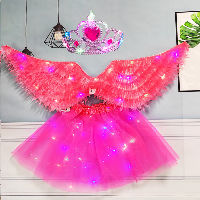 Rosa rojo neón hada tela alas lámpara falda lámpara corona