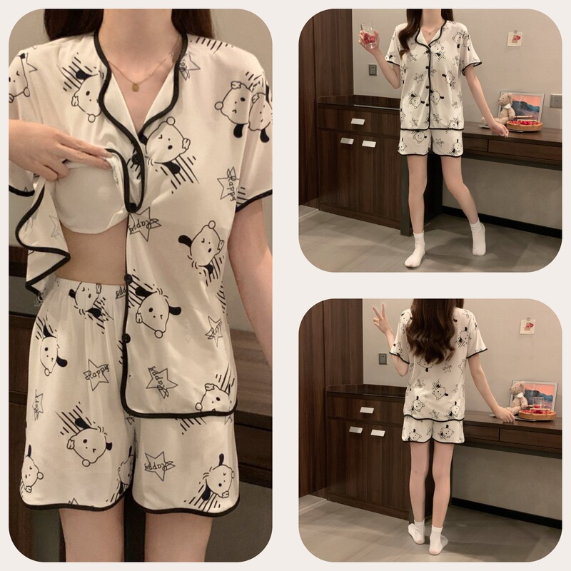 Cross-Border Hot-Selling Spring and Summer Short-Sleeved Thin Pajamas for Women, Sweet and Cute, with Built-In Chest Pads, Home Wear That Can Be Worn Outside