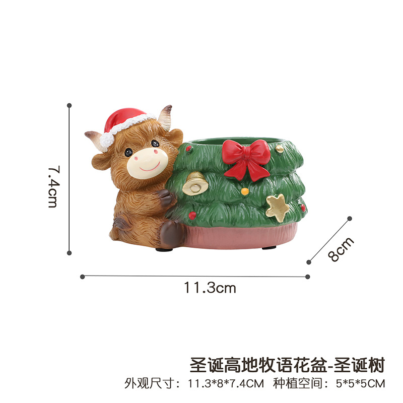 Chậu cây mọng nước hình bò Highland Giáng Sinh resin, chậu mini phong cách Bắc Âu, trang trí sân vườn (RG-204)