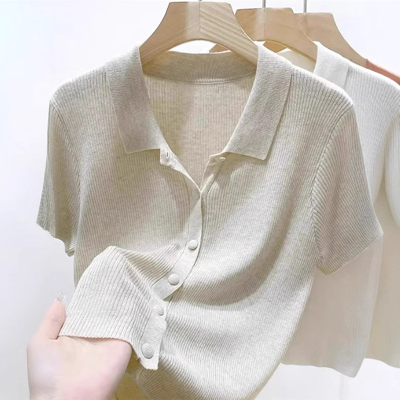 Old Money Style Oatmeal Color Elegant Polo Collar Short-Sleeve Ice Silk Knit Cardigan for Women, Summer Loose Fit Turn-Down Collar T-Shirt Top Old Money Style Oatmeal Color Elegant Polo Collar Short-Sleeve Ice Silk Knit Cardigan for Women, Summer Loose Fit Turn-Down Collar T-Shirt Top