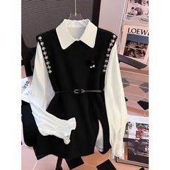 2025春秋新款设计感气质显瘦大码女装毛衣女马甲衬衫上衣两件套女