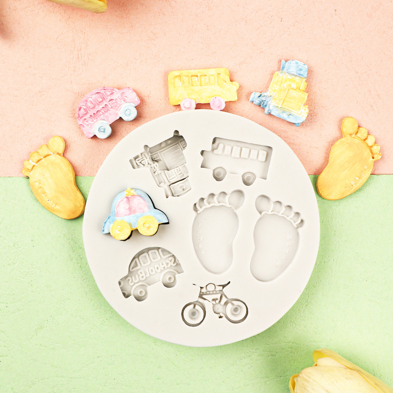 Coche bicicleta pie alimentación botella carta patrón silicona molde pastel hornear bebé juguete serie silicona molde