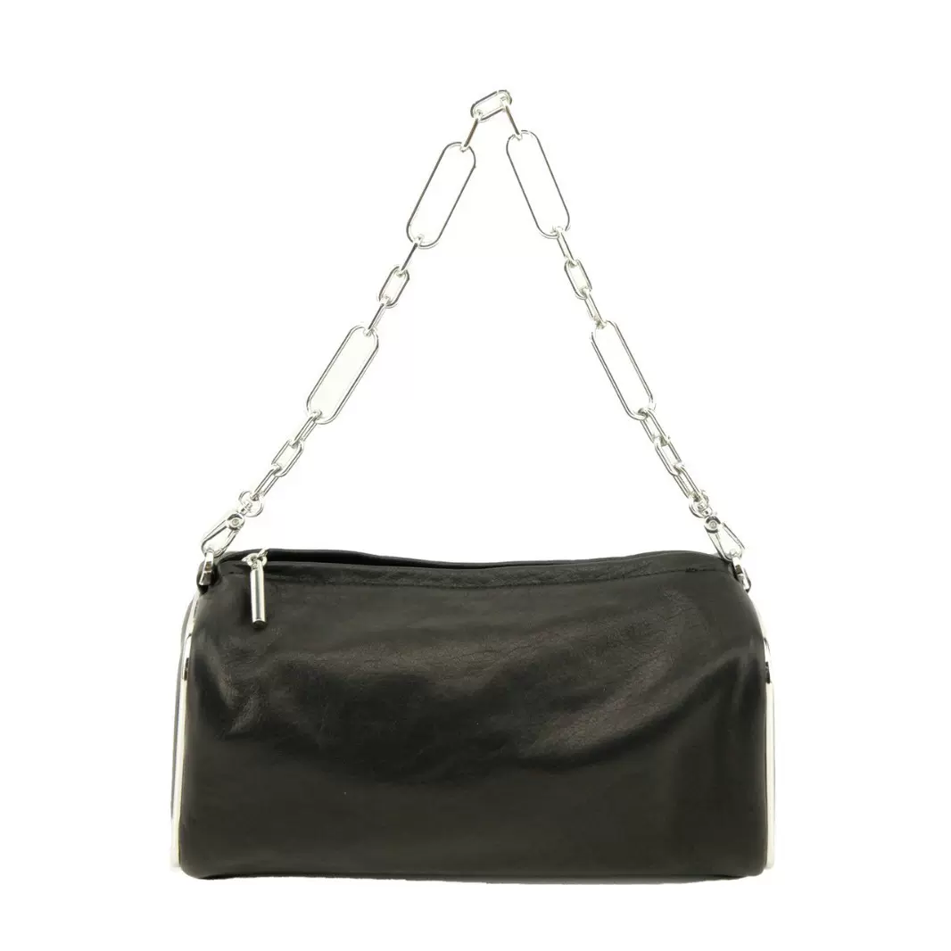 头层牛皮女式手提包黑色圆筒包型 银色链条简约酷飒 出街潮流单品