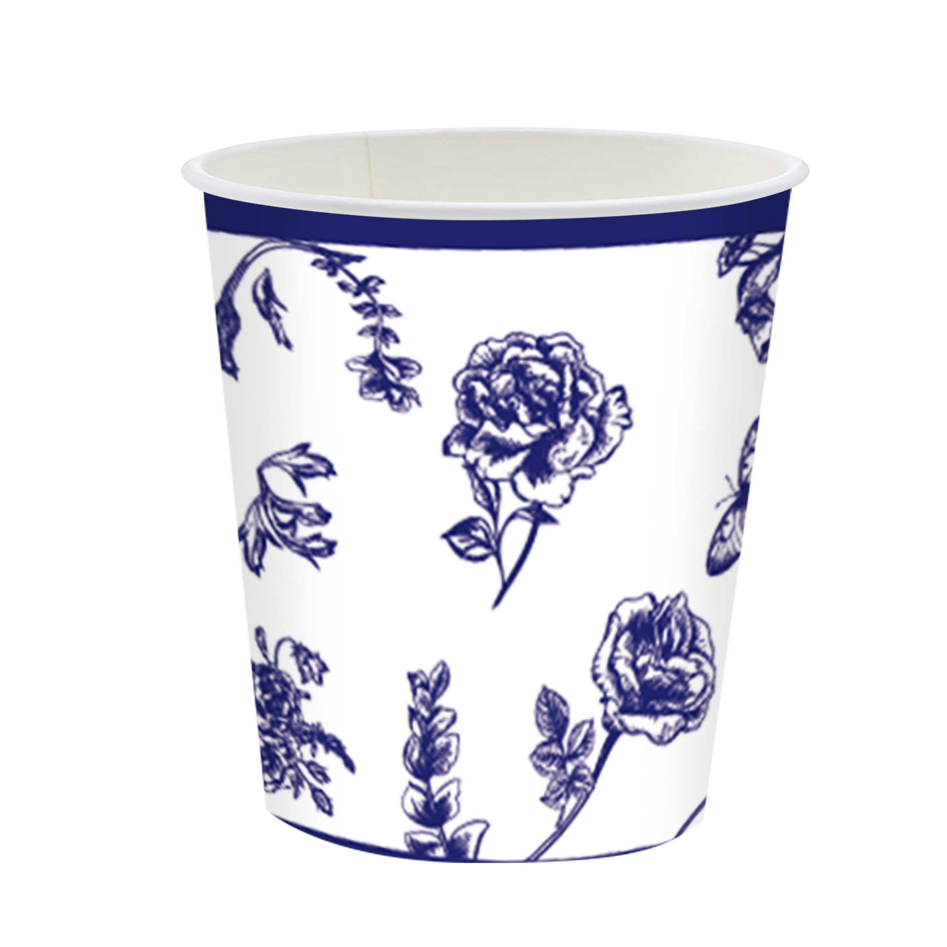 Artículos de fiesta desechables con temática floral de porcelana azul y blanca de nuevo estilo para exteriores: vasos de papel, servilletas de papel, platos de papel.