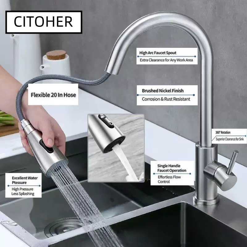 跨境不锈钢304冷热抽拉式水龙头厨房水龙头用伸缩防溅美式水龙头