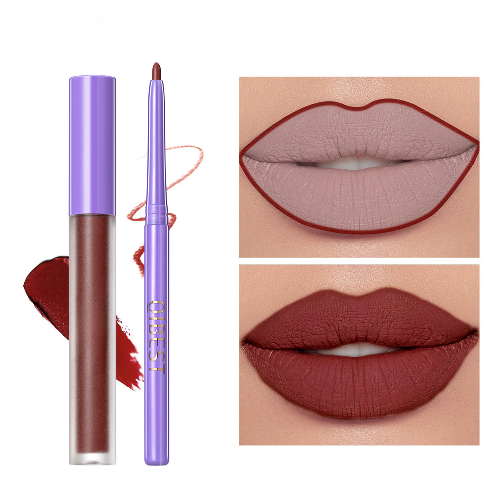 QIBEST new non-stick cup non-fading lip gloss modified lip liner suit matte long-lasting color lipstick