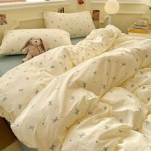 奶油小清新蓝色蝴蝶结水洗棉床上四件套被套学生床单人宿舍三件套