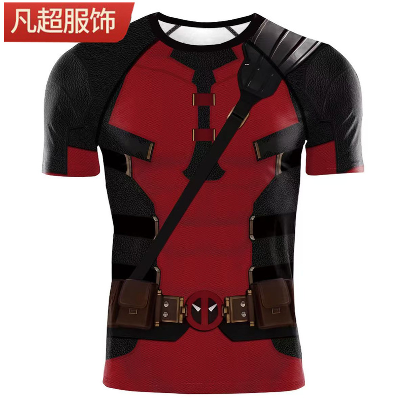 2024 Cross-border Spring New Marvel Hero Role Deadpool cos Clothing Men's Sports Fitness Clothing Tight Long Sleeve T-shirt