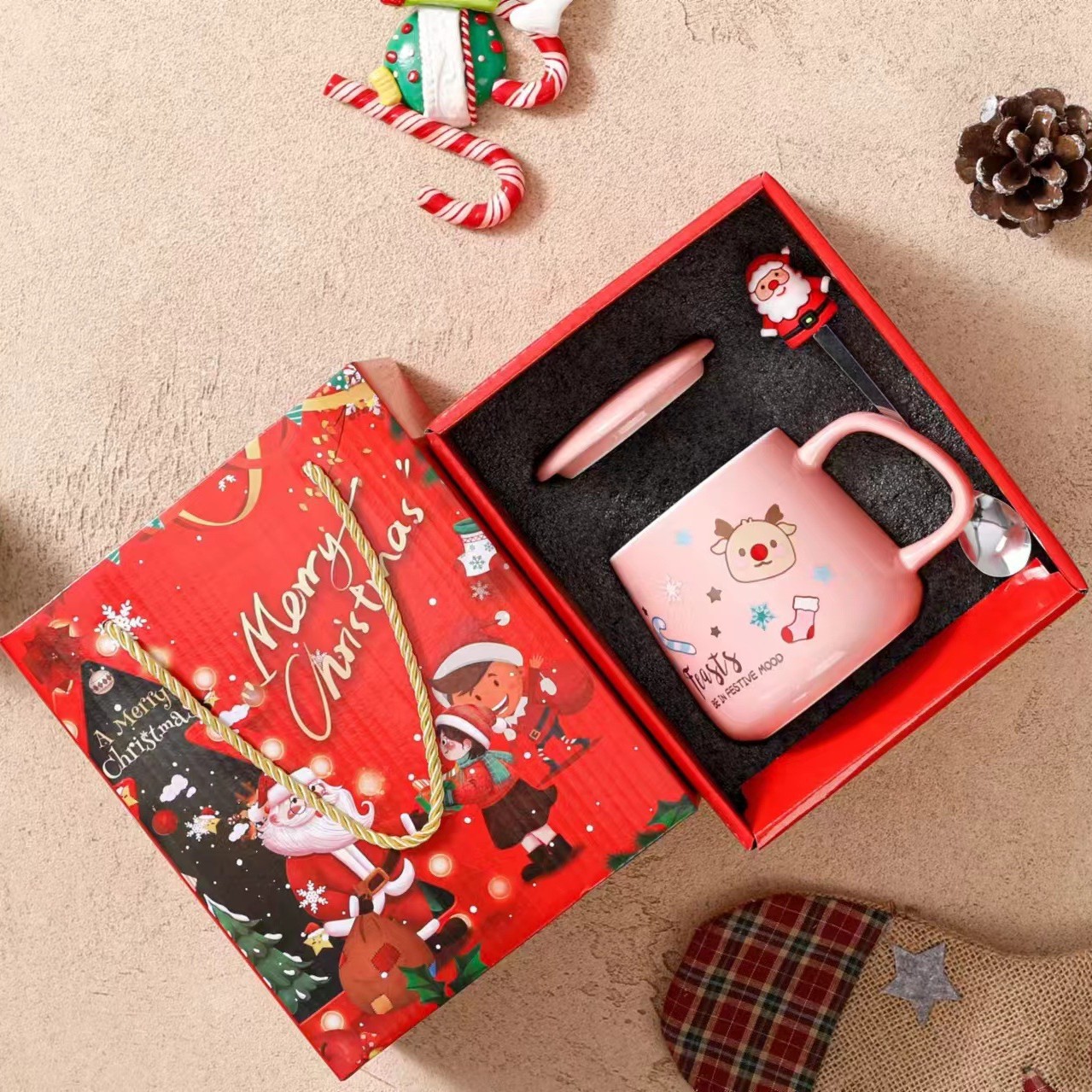 Juego de Tazas de Cerámica con Tapa y Cuchara, Taza para Agua, Regalo de Navidad, Recuerdo, Edición Limitada de Navidad