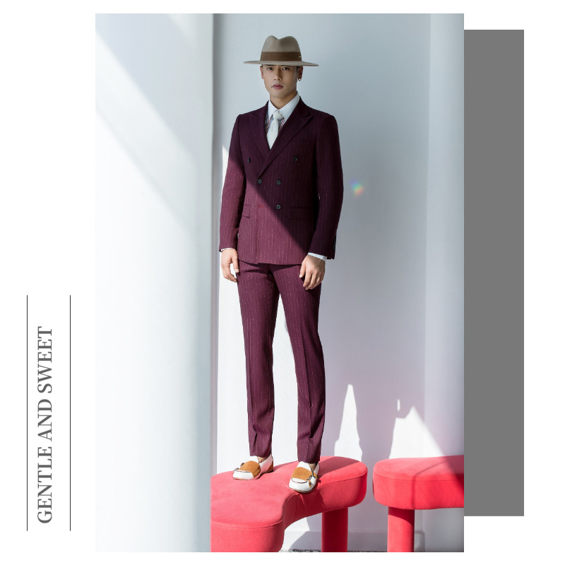 new pattern stripe Claret man 's suit suit Host Groomsman Wedding celebration full dress Self cultivation man formal wear Two piece set